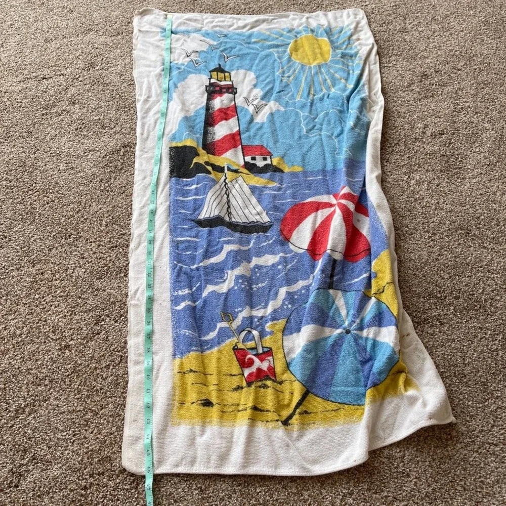 Vintage Beach Scene Towel Terry Cloth Lighthouse Seagulls Sailboat 46x25 Stains